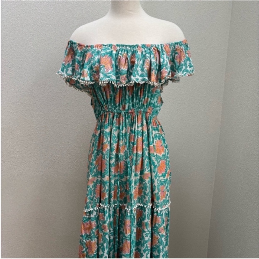 Miss June Boho Maxi Dress Floral Tiered Off Shoulder Teal Green Coral One Size - Picture 4 of 16